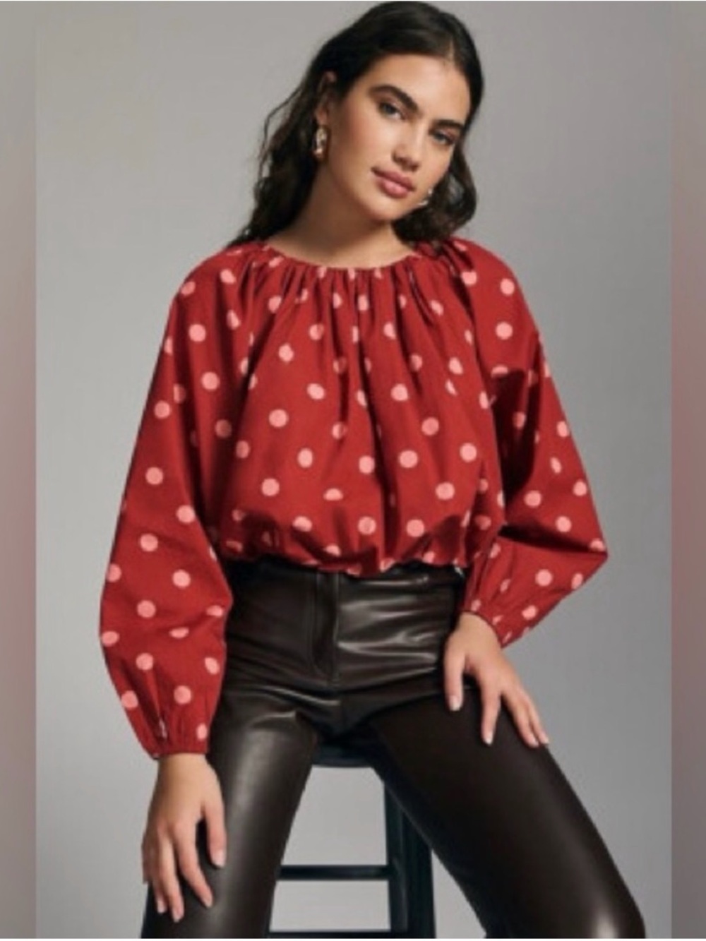 Anthropologie Maeve Red Polka Dot Bubble Blouse Shirt Cotton Medium Statement